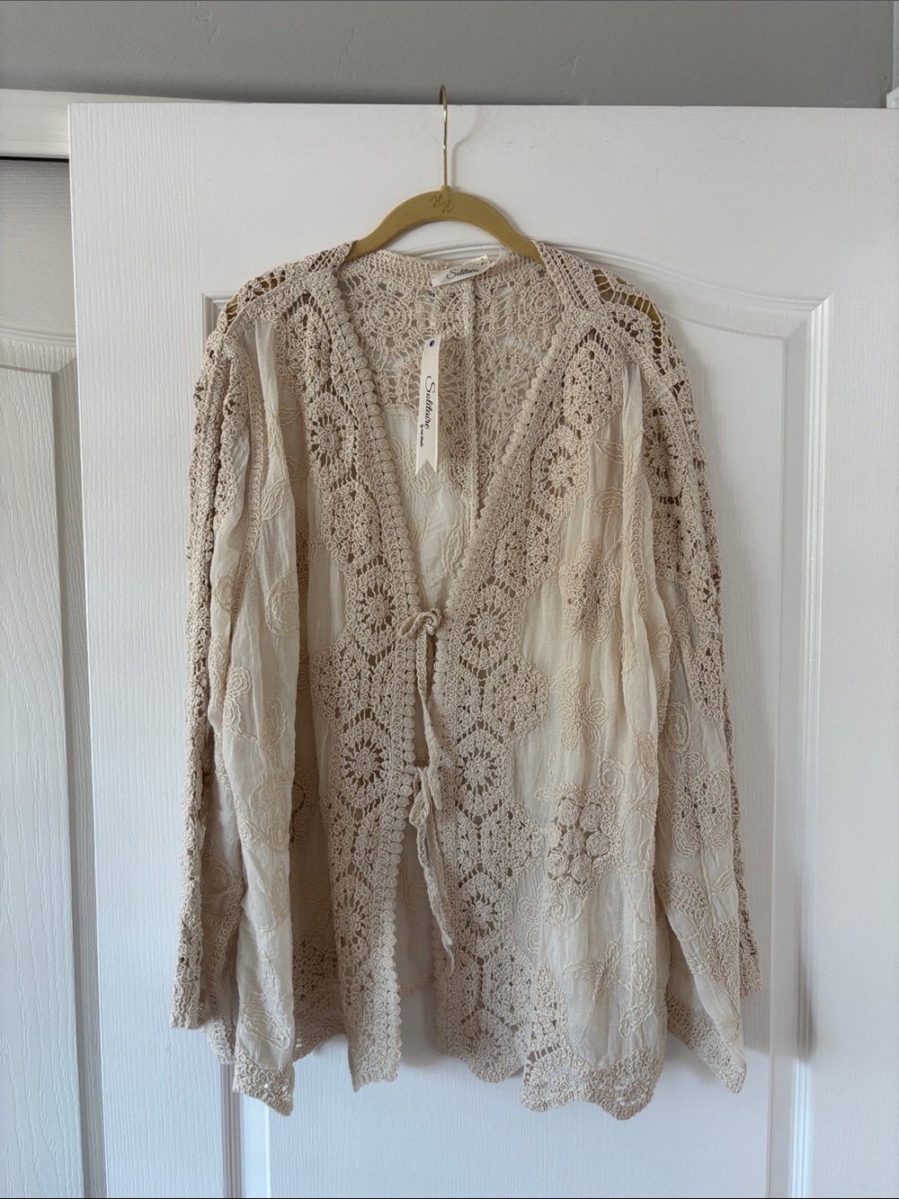 NWT Boho Crochet Details Tie-Front Tunic Cardigan in Ivory. SZ 2X